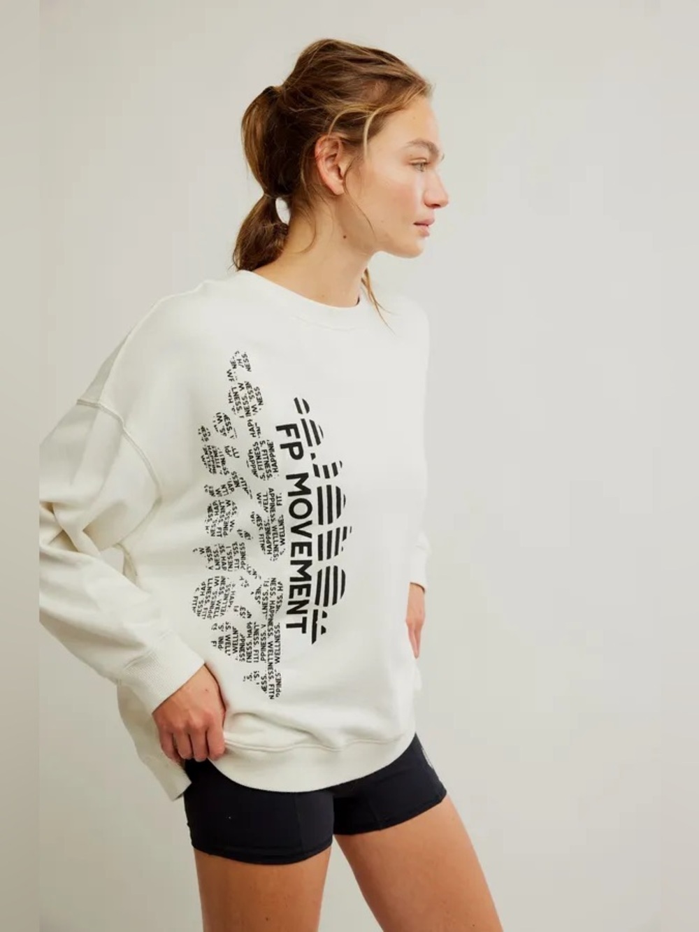 FREE PEOPLE ALL STAR BUTI LOGO PULLOVER - IVORY/BLACK COMBO XL Athleisure